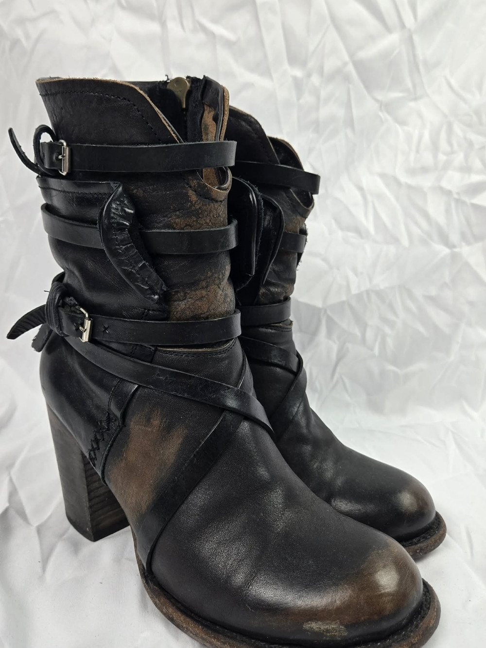 Freebird by Steven Black Leather Strappy Heeled Ankle Boots - Picture 2 of 6
